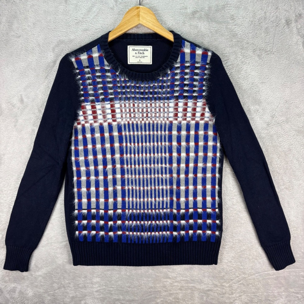 Abercrombie & Fitch Women's Sweater Navy Plaid Fuzzy Grid Knit Pullover Sz Small - Picture 5 of 8